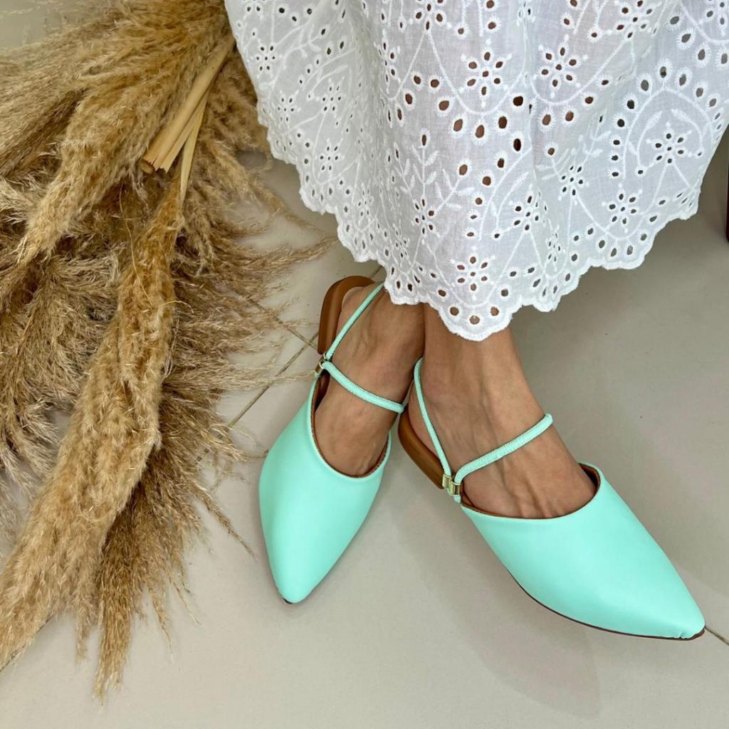 Sandalia Sapatilha Mule com Elastico VERDE AGUA Bico Fino com 2 Formas de Usar FORMA PEQUENA