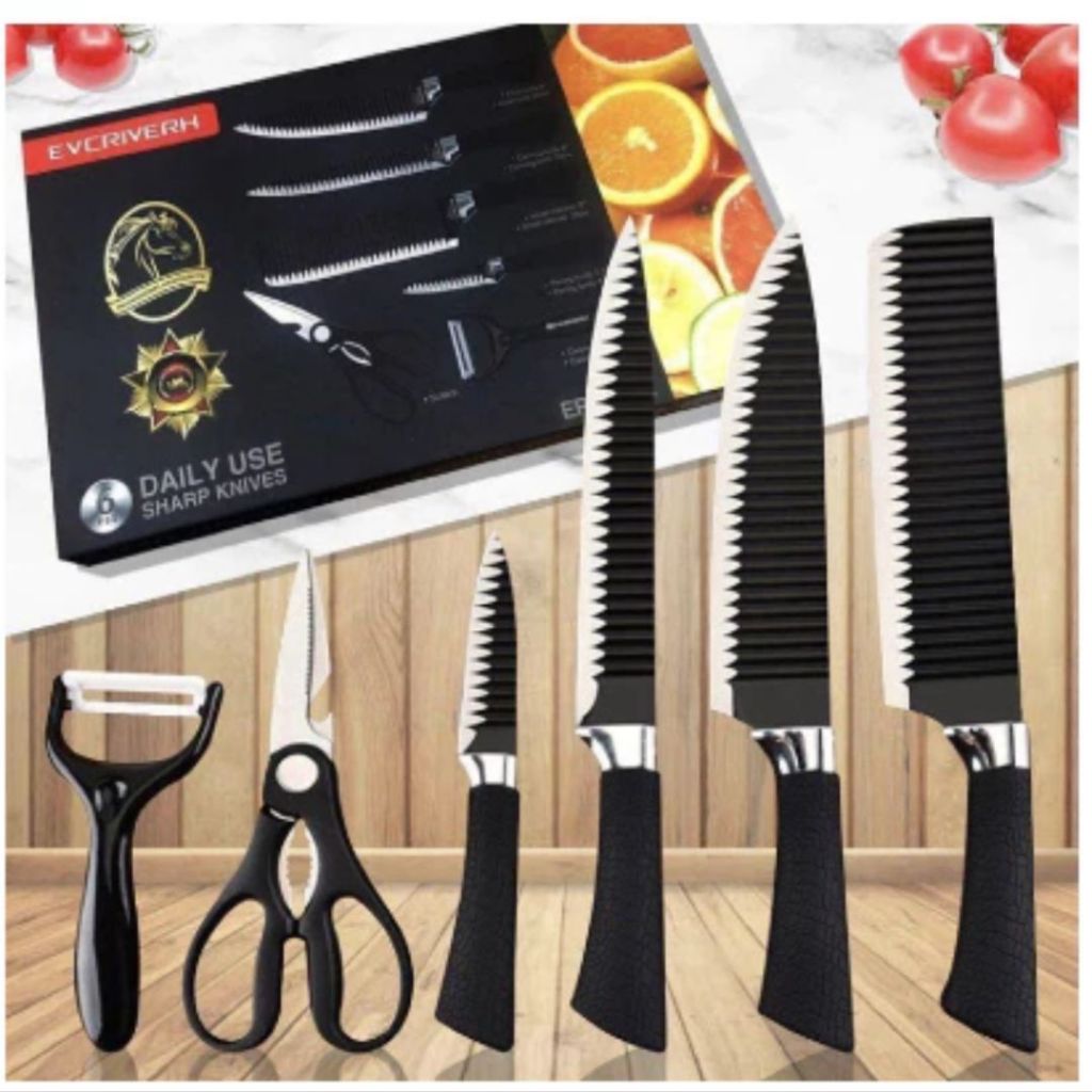 Jogo De Facas Inox Descascador E Tesoura Com 6 Peças Artigos De Cozinha Rosa Preta Azul Verde Lilás