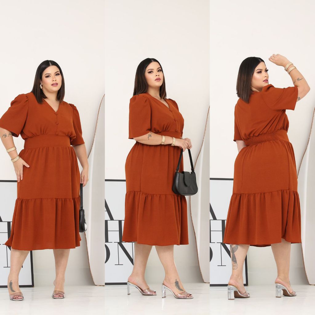 Vestido Midi Liso Feminino Plus Size Com Elastex Nas Costas em Oferta na Shopee