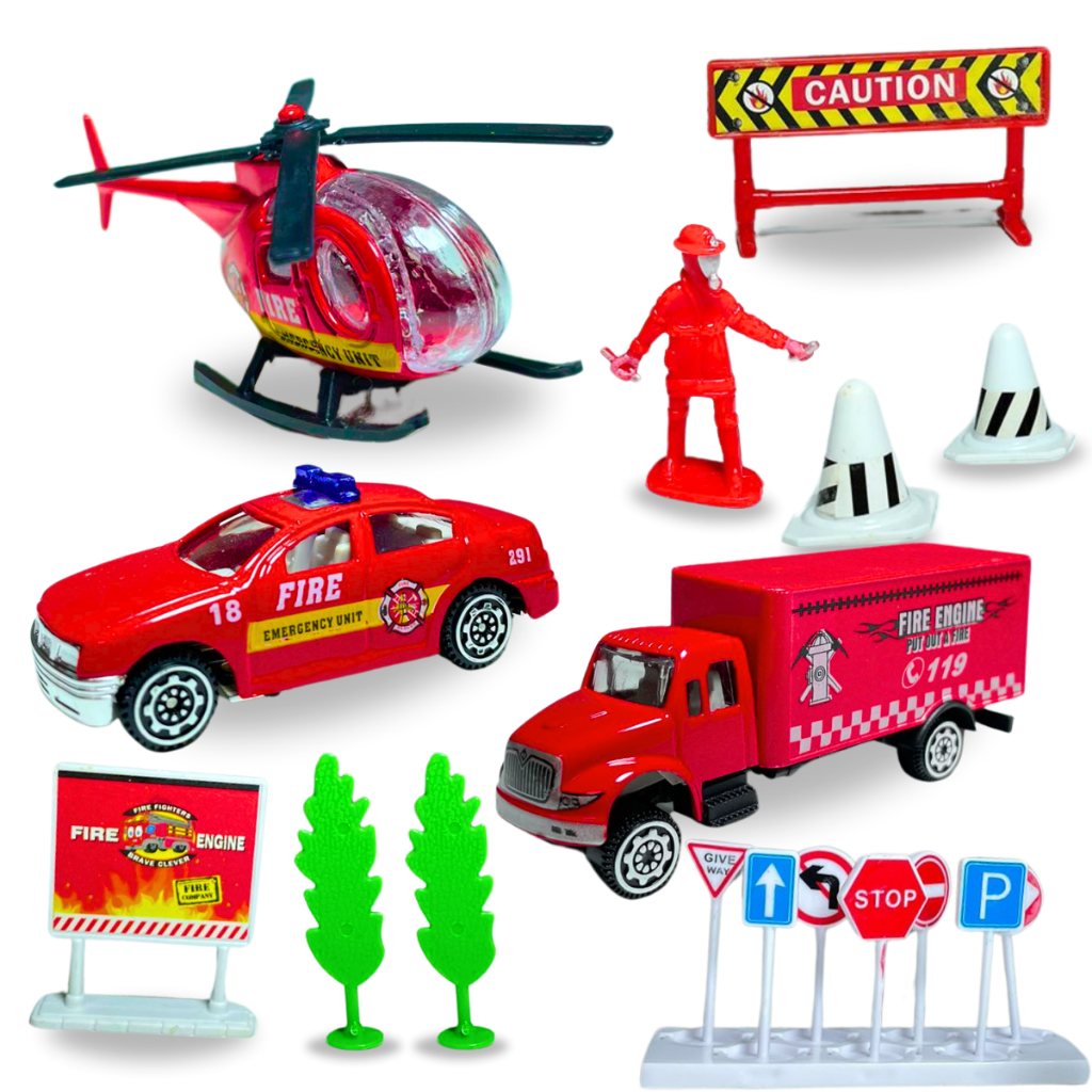 Circuito Bombeiro Caminhão Viatura Helicóptero Acessórios Placas Cone Diversão Menino Presente