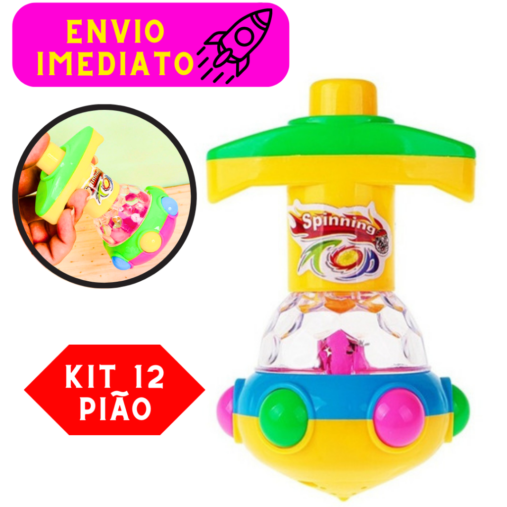 Kit 12 Pião Com Lançador Colorido De Brinquedo Diversão Garantida Plástico Diversão ao Ar Livre