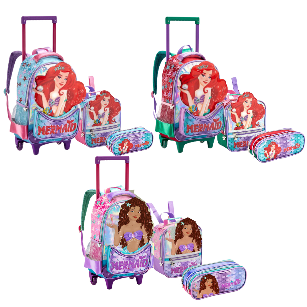 Mochila de Rodinha Menina Infantil Sereia 3D Holográfica Kit Escolar Com Lancheira Térmica e Estojo Duplo