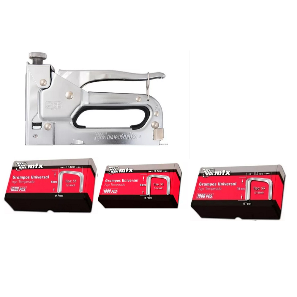 Grampeador Manual Profissional Com Controle de Pressão + 3.000 Grampos 6 8 e 10 Mm Mtx