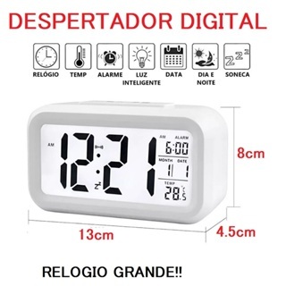 Despertador Relógio Digital LED 13 x 8 x 4.5cm De Vidro Hora Data Temperatura Multicolorido