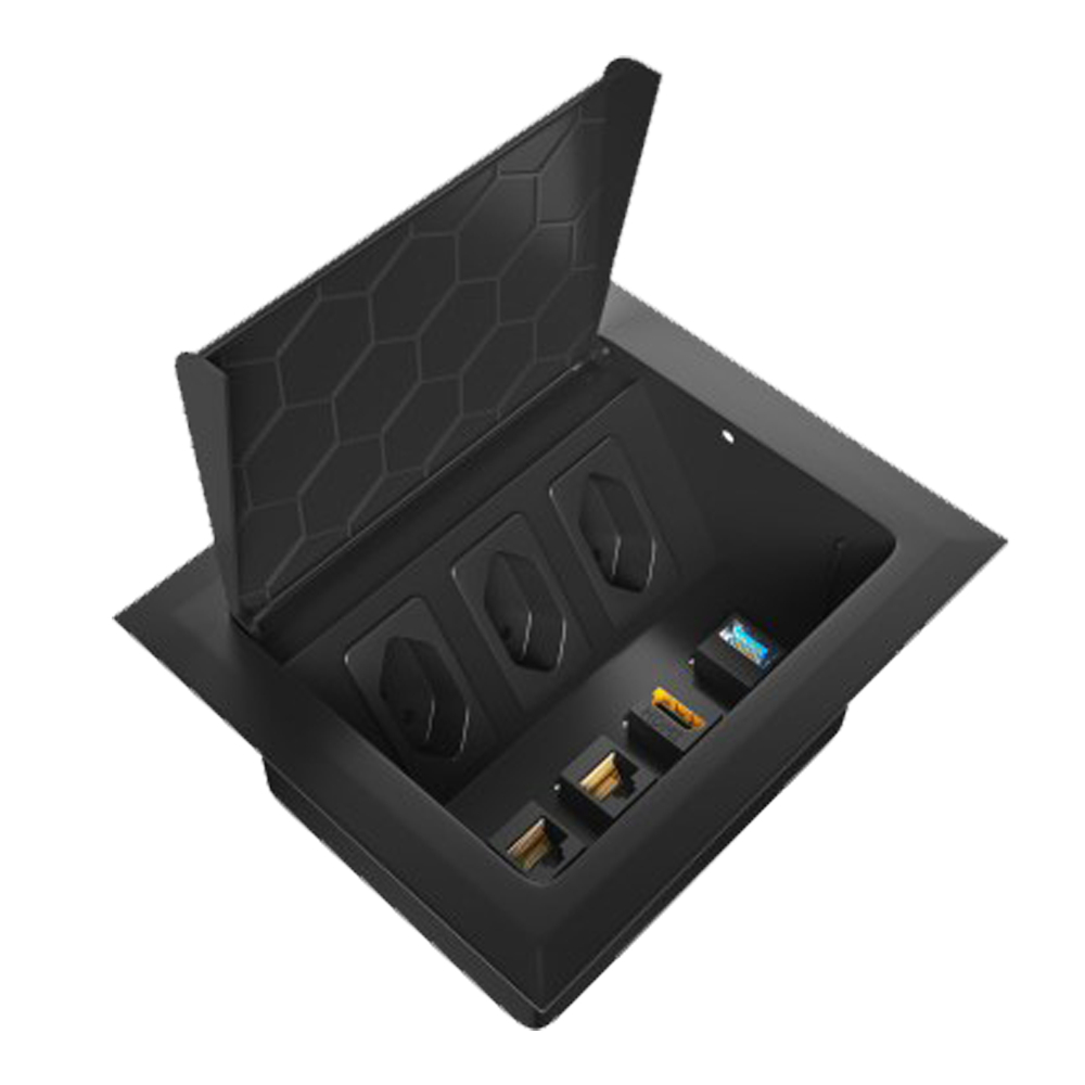 Caixa de Mesa Montada Completa de Embutir - 3 Tomadas 10A - 2 Módulos RJ45 CAT 6 - 1 HDMI - 1 USB