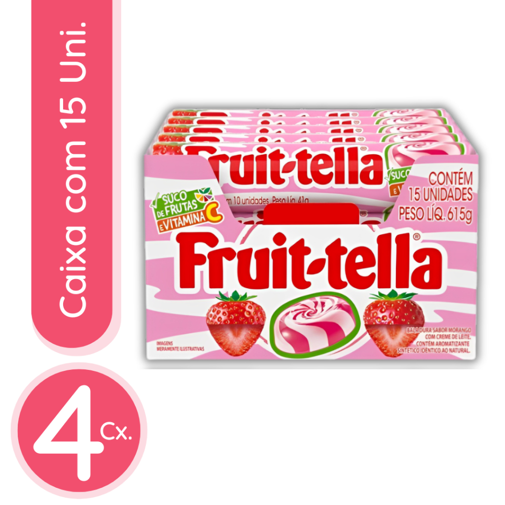 Bala Dura Fruit-Tella Morango Com Creme De Leite - 4 Caixas de 615g com 15 Unidades de 41g