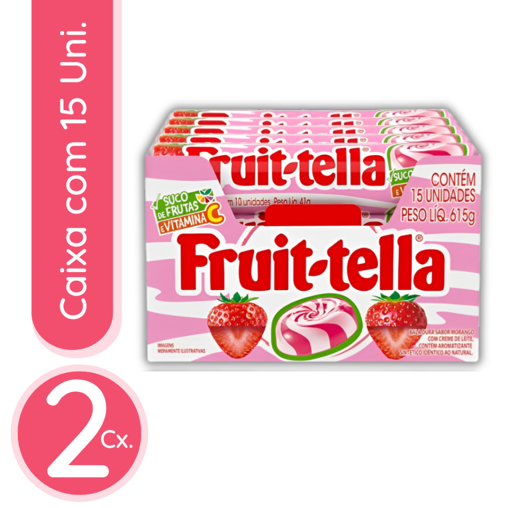 Bala Dura Fruit-Tella Morango Com Creme De Leite - 2 Caixas de 615g com 15 Unidades de 41g