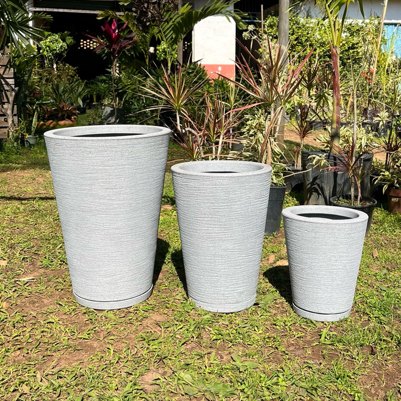 Vasos para Plantas Decorativo Polietileno Kit com 3 Coluna Redonda Escovado com prato coletores N1 N2 N3 — imagem 2 de 2