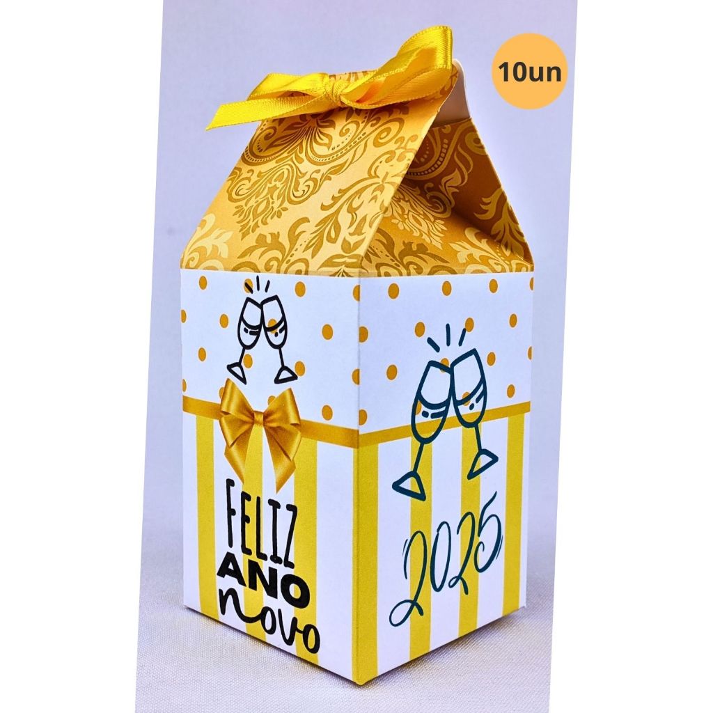 Kit 10 Caixinhas Personalizadas Tema de Ano Novo Formato Milk Feito de Papel Offset 180g Para Festas Temáticas