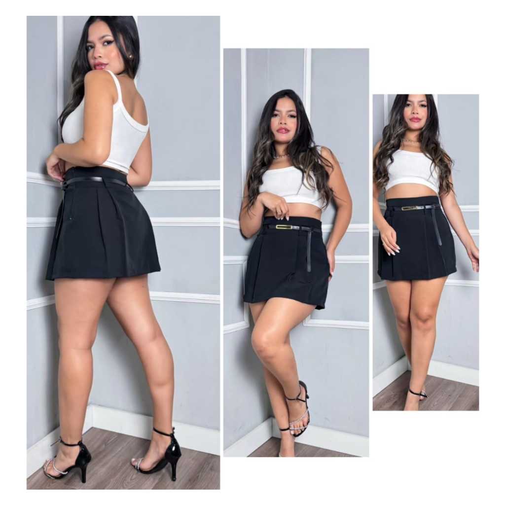 Short Saia Plissada Feminina Em Tecido Alfaiataria Com Cinto Da Moda (P, M, e G).