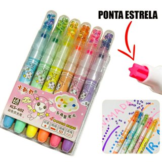 Marca Texto fofo e Barato Kit de 6 Ponta em Formato Estrela Carimbo Tampa Lantejoulas Cores Neon em Oferta na Shopee
