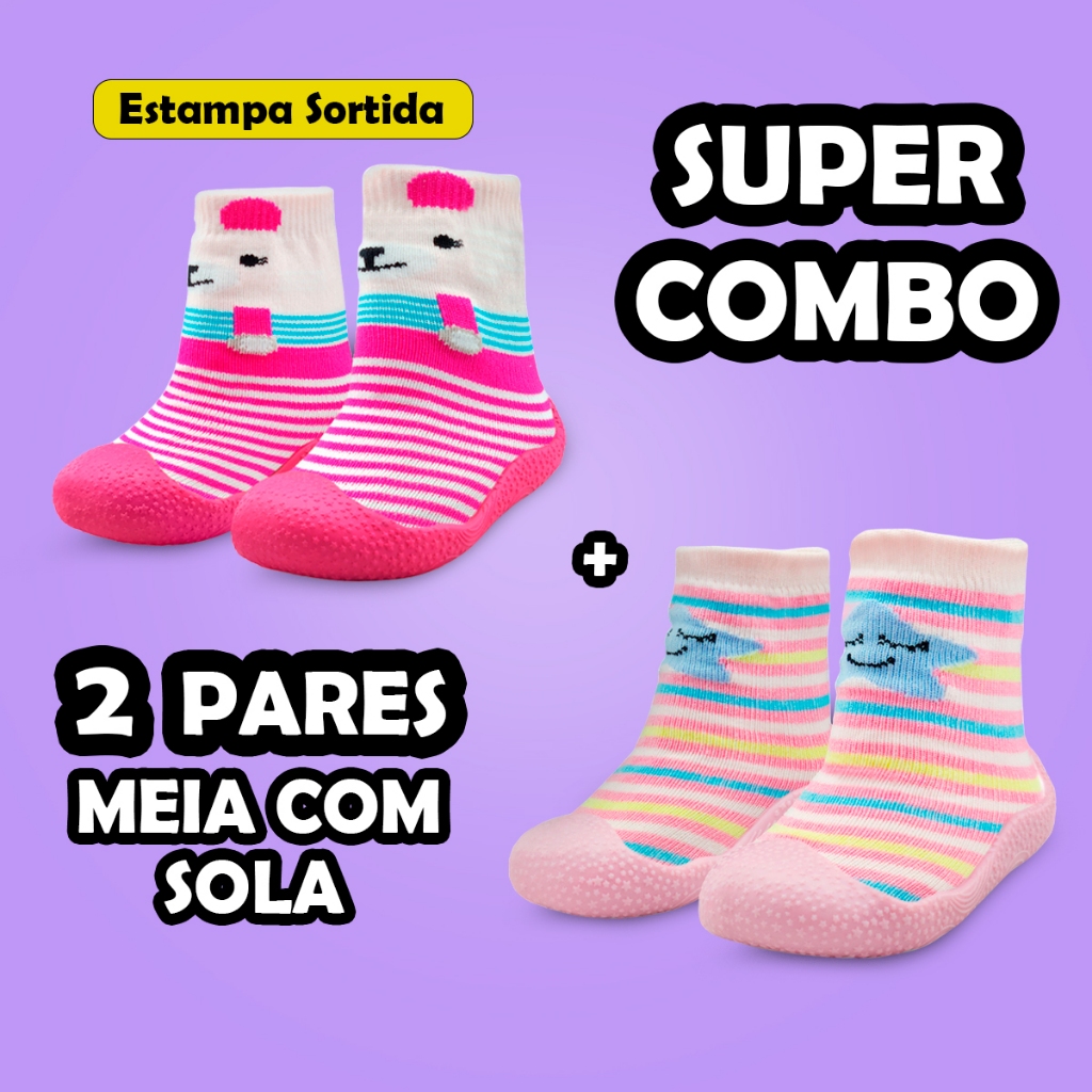 Kit 2 Pares Meia Com Sola Bebê Emborrachada Lolikids Sortida Antiderrapante Infantil Unissex em Oferta na Shopee