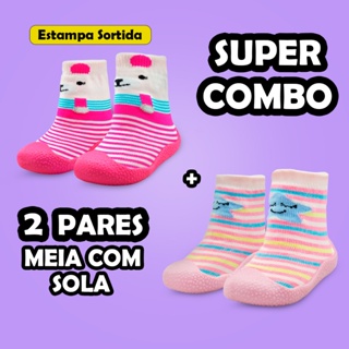 Kit 2 Pares Meia Com Sola Bebê Emborrachada Lolikids Sortida Antiderrapante Infantil Unissex em Oferta na Shopee
