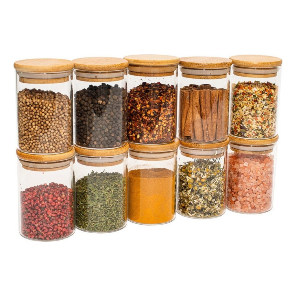 Kit 10 Potes Temperos Mantimentos Vidro Tampa De Bambu 200ml