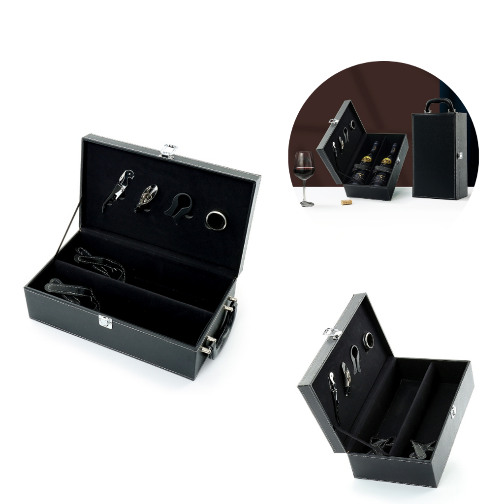 Kit Vinho 4 Peças para 2 garrafas maleta com alça couro sintético duas repartições para garrafa em Oferta na Shopee