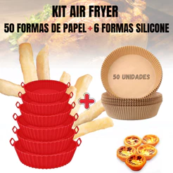 Kit 50 Formas de Papel Airfryer + 6 Formas Silicone Tamanhos Variados Microondas Forno Lavável com Alça