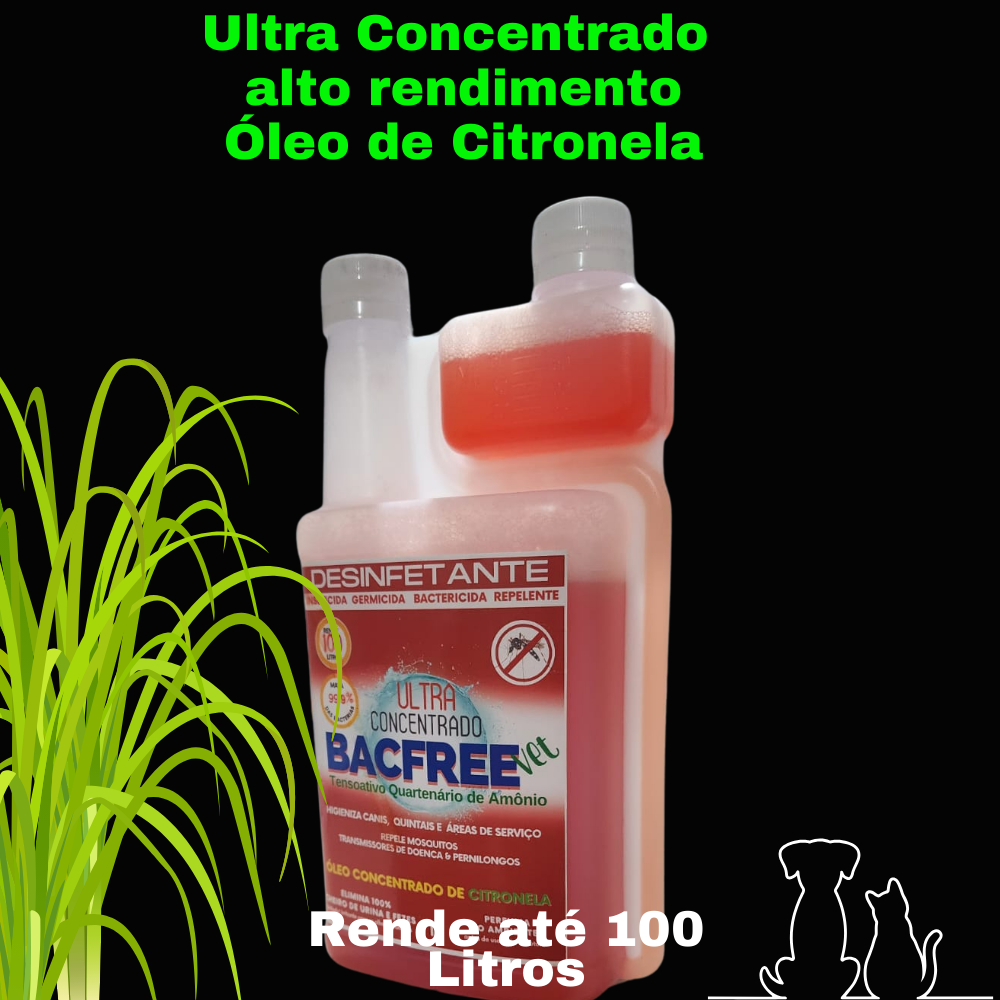 Bacfreevet  Citronela 1L Desinfetante Bactericida Concentrado Função Repelente  Rende até 100 L Cães e Gatos