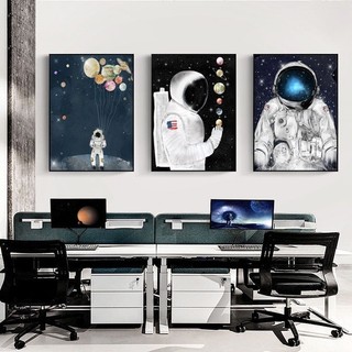 Quadro decorativo 3 peças 60x40 astronauta espaço moderno minimalista para sala quarto hall