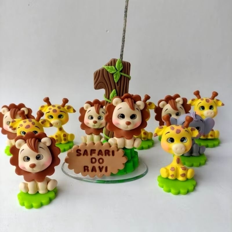 Kit vela de aniversário em Biscuit tema safari leão + 10 animais a sua escolha 1,2,3,4,5,6,7,8 e 9 anos
