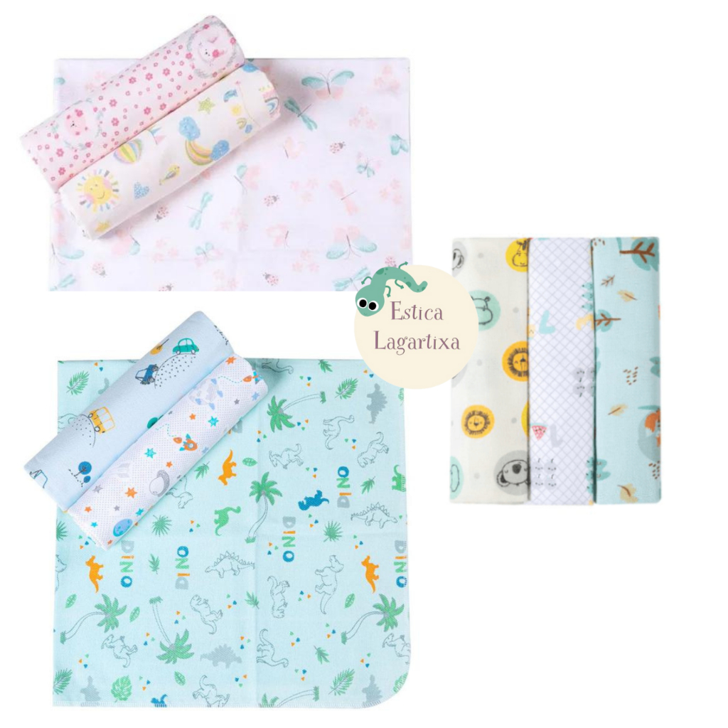 Cueiro kit com 3 Manta 100% Algodão Flanelado Papi