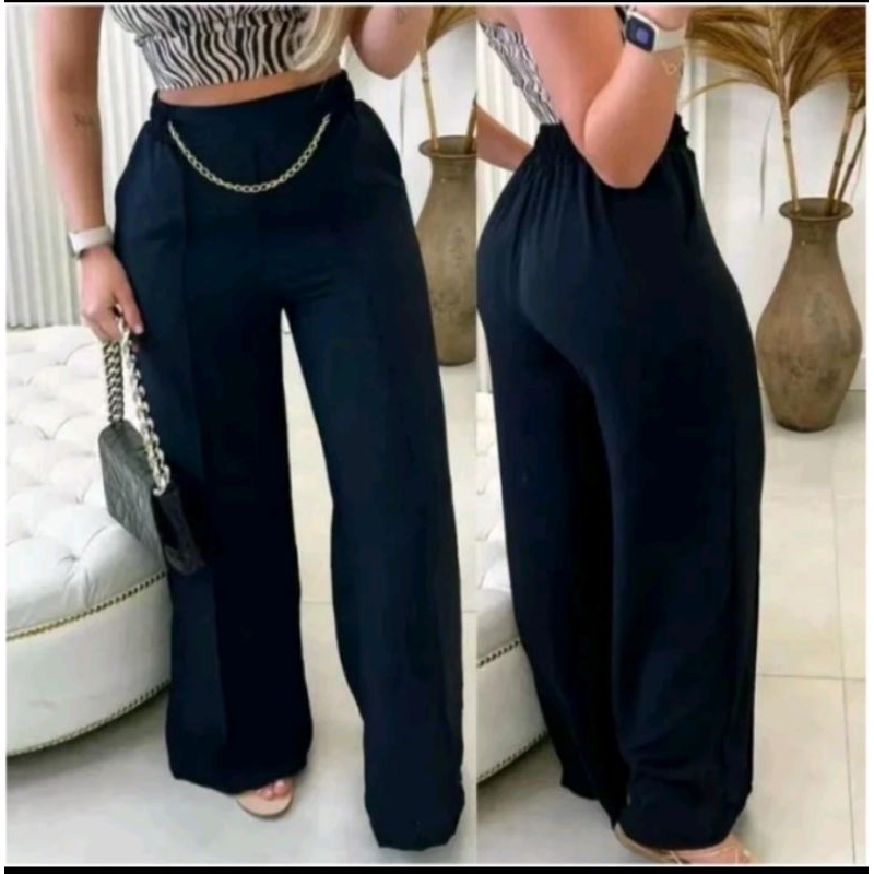 Calça Pantalona Feminina Com Corrente e Com Bolso Cintura Altas Elegante Do P ao GG em Oferta na Shopee