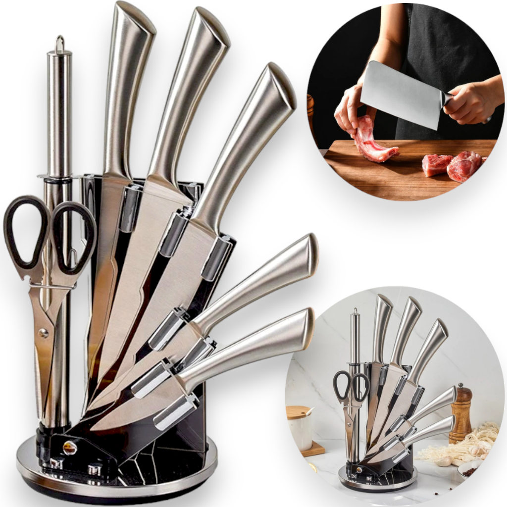 Conjunto De Facas Inox Para Cozinha Com Suporte E Afiador 8 Peças Premium Faqueiro Profissional