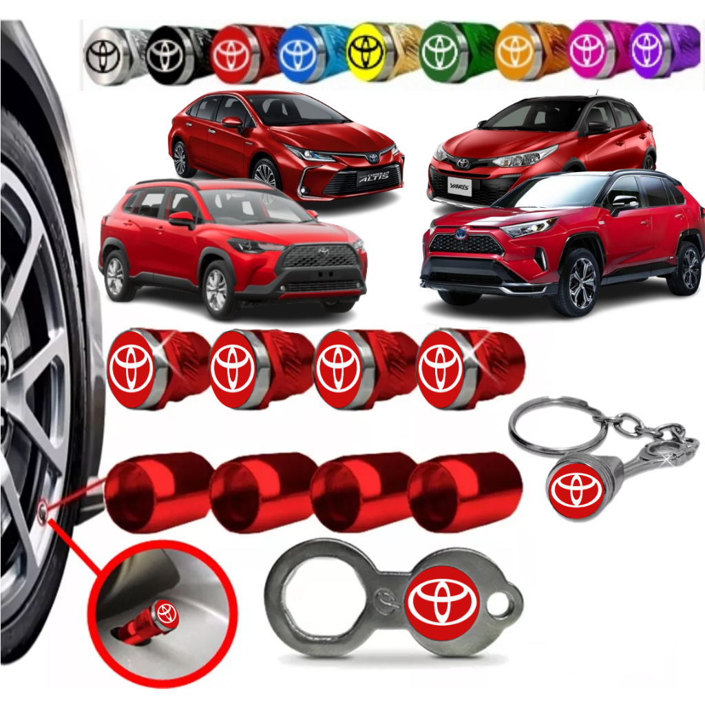Bico de Pneu AntiFurto Vermelho Toyota para Roda Pneu Metal com Chaveiro Pistão