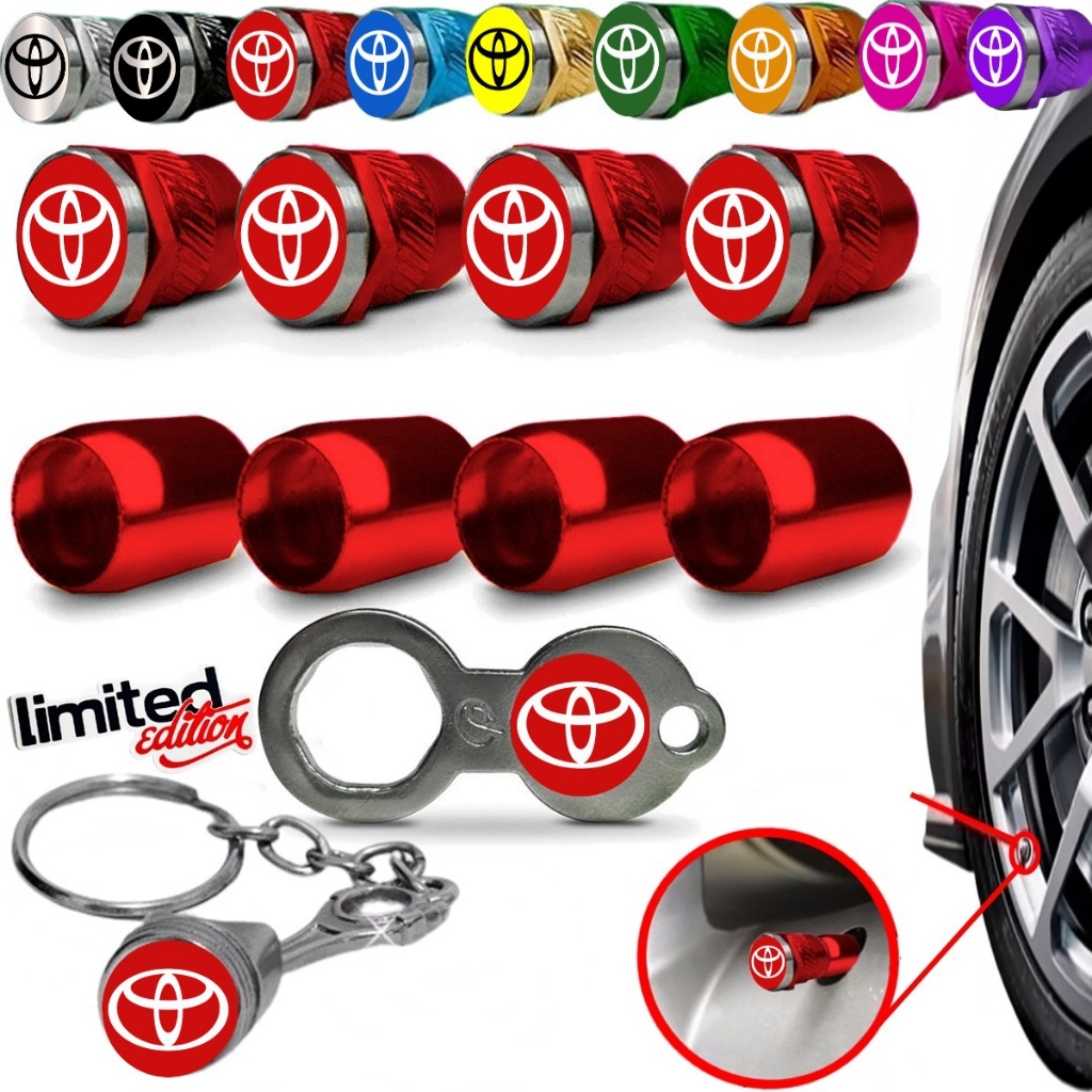 Tampa Bico Válvula de Roda Anti Furto Metal Vermelho da Toyota com Chaveiro