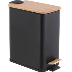 Lixeira MEK Preta Retangular Lisa 3 Litros Banheiro Escritório Moderna Inox Tampa Bambu Amortecedor