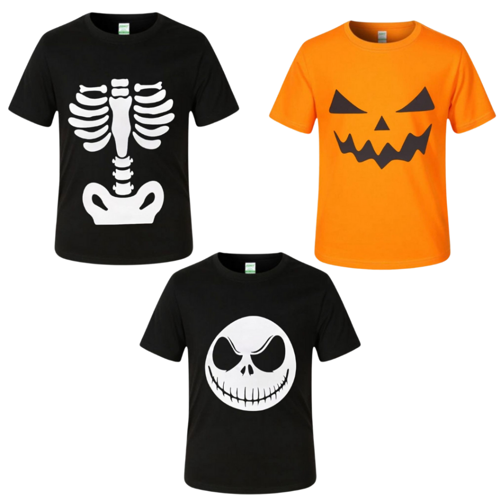 Camisa Camiseta Infantil Halloween Fantasia Personagens Esqueleto Abobora Caveira Bruxa