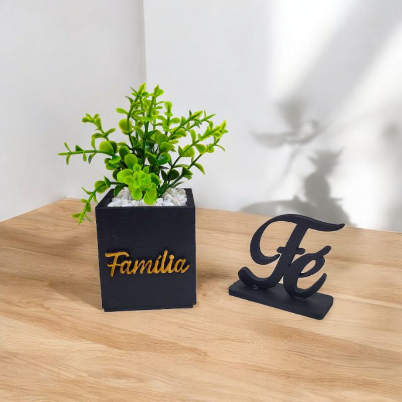 kit Vasinho decorativo Com plantinhas artificiais mais Letreiro Fè