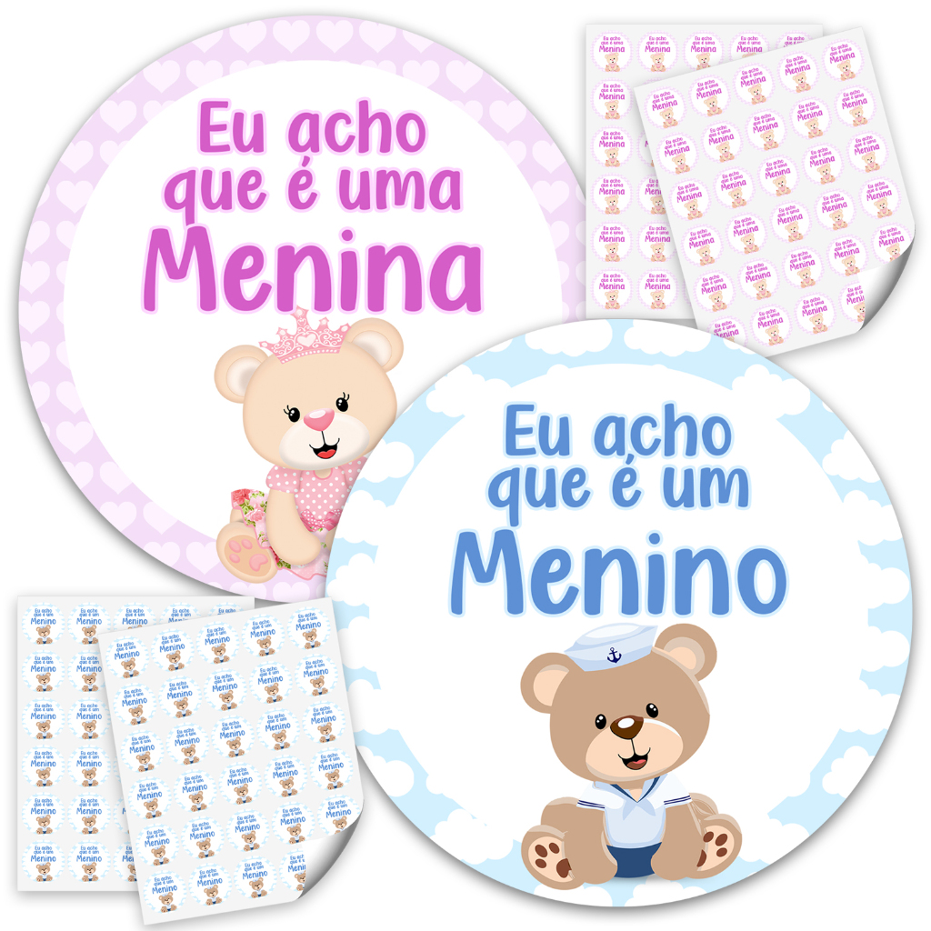 Super Kit 120 Adesivos Chá Revelação Eu Acho Que é Menina Eu Acho Que É Menino Bebê Azul e Rosa 4cm