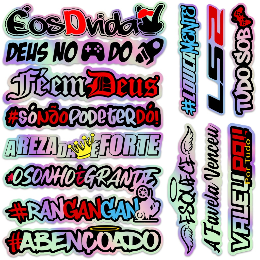 Mega Cartela14 Adesivos Grande 20cm Frases do Momento Holográfico Carro Moto Bike Bag Caderno
