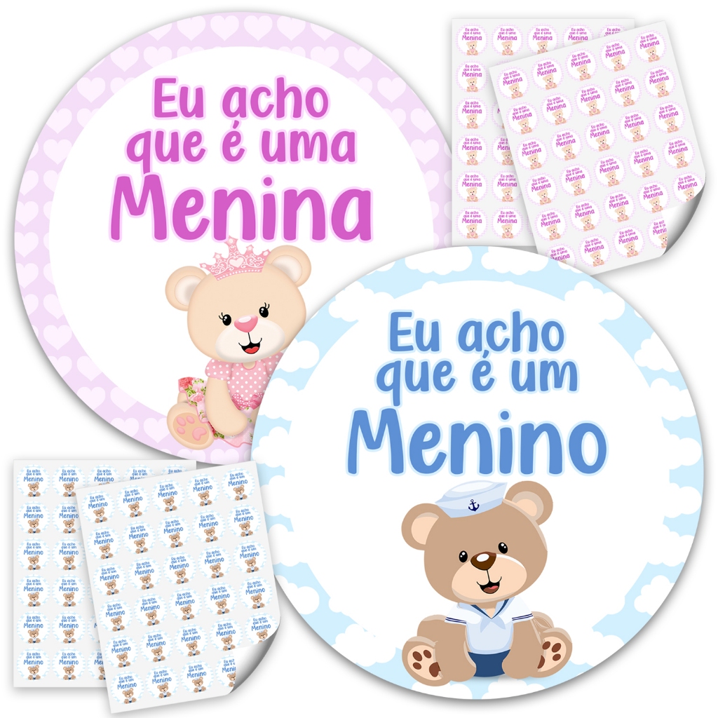 Super Kit 120 Adesivos Chá Revelação Eu Acho Que é Menina Eu Acho Que É Menino Bebê Azul e Rosa 4cm
