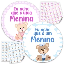 Super Kit 120 Adesivos Chá Revelação Eu Acho Que é Menina Eu Acho Que É Menino Bebê Azul e Rosa 4cm