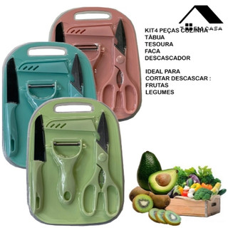 KIT Facas Tesoura Descascador Tábua Coloridos de Cozinha Aço Inoxidável 4 PEÇAS