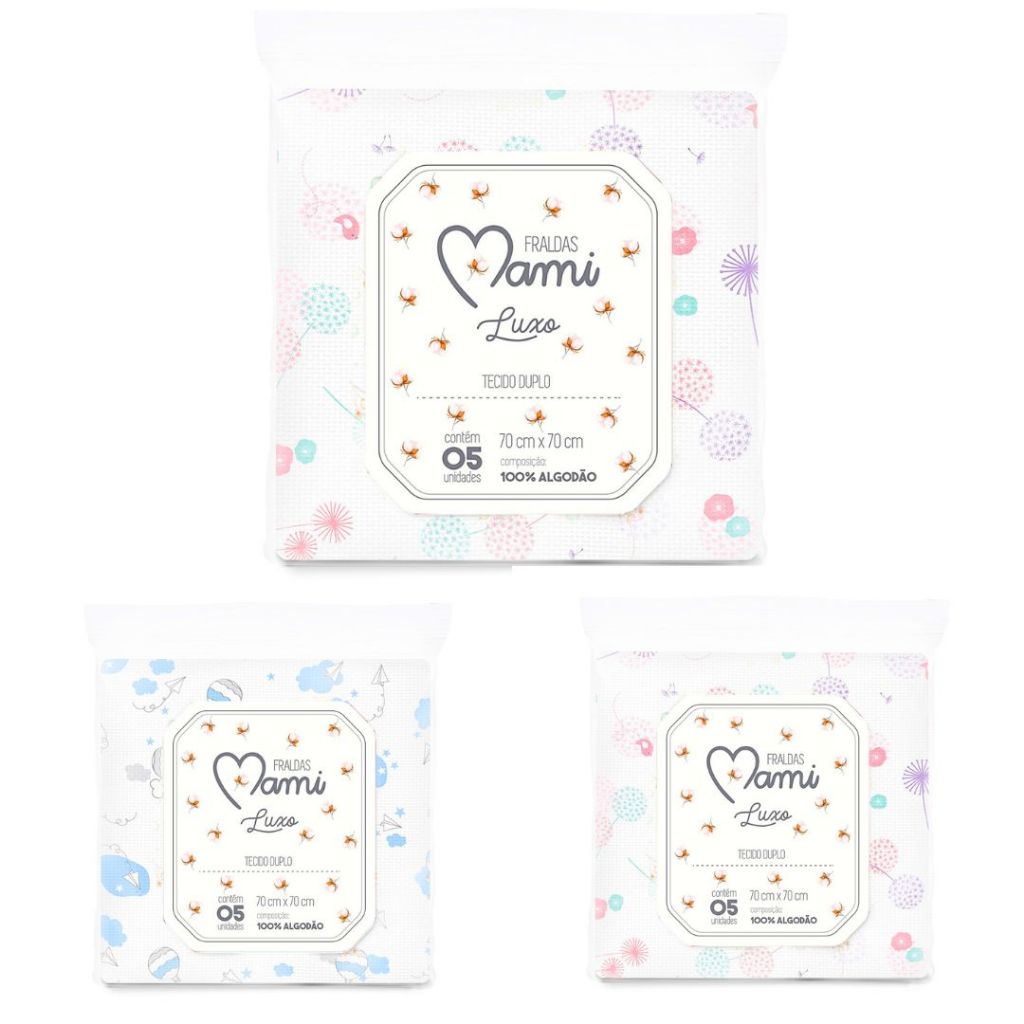 Fralda Mami Estampada 70x70 c/ 5 unid s/ Bainha Papi
