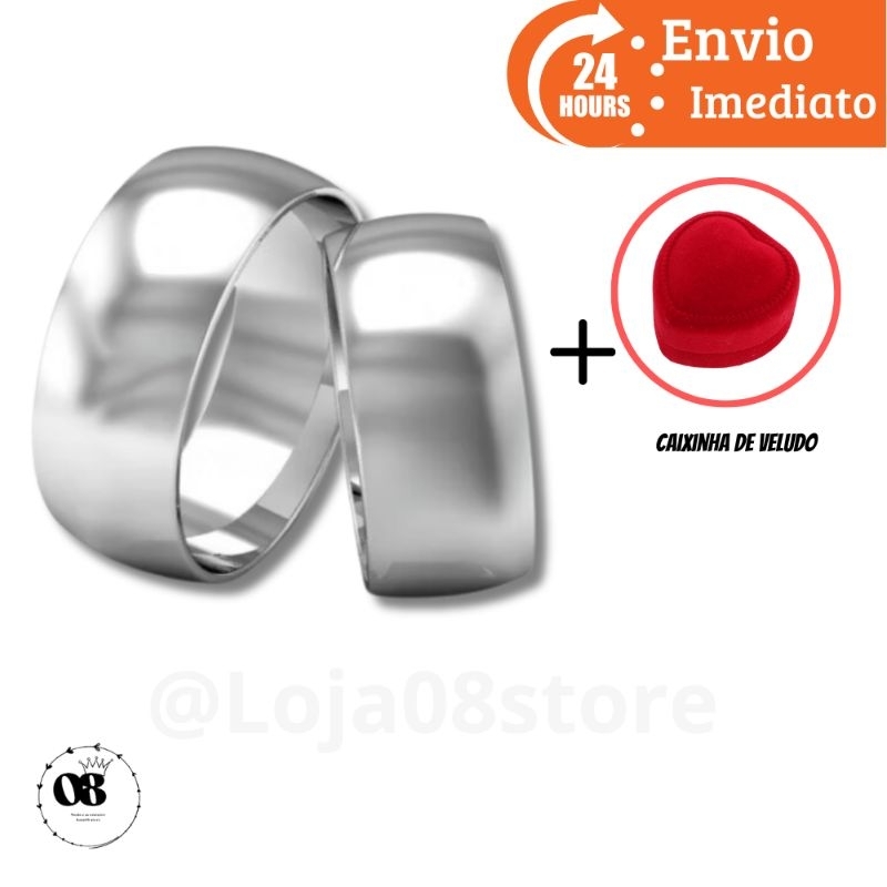 Par de aliança prata 8mm namoro aço inoxidável mais caixinha de veludo alianca anatômica polida prateada inox lisa grossa com caixa de veludo anel de compromisso tradicional