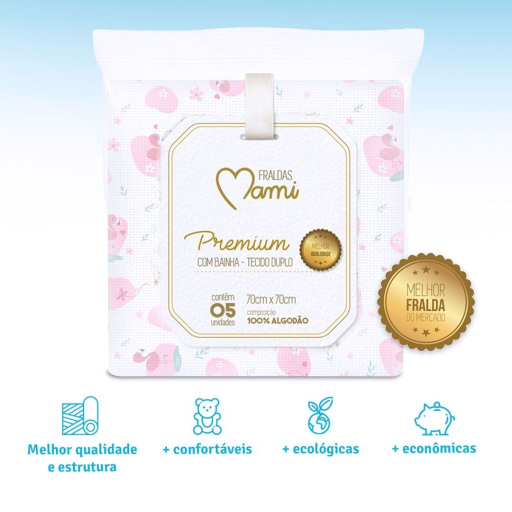 KIT 5 FRALDAS MAMI PREMIUM OU LUXO COM BAINHA 70x70cm