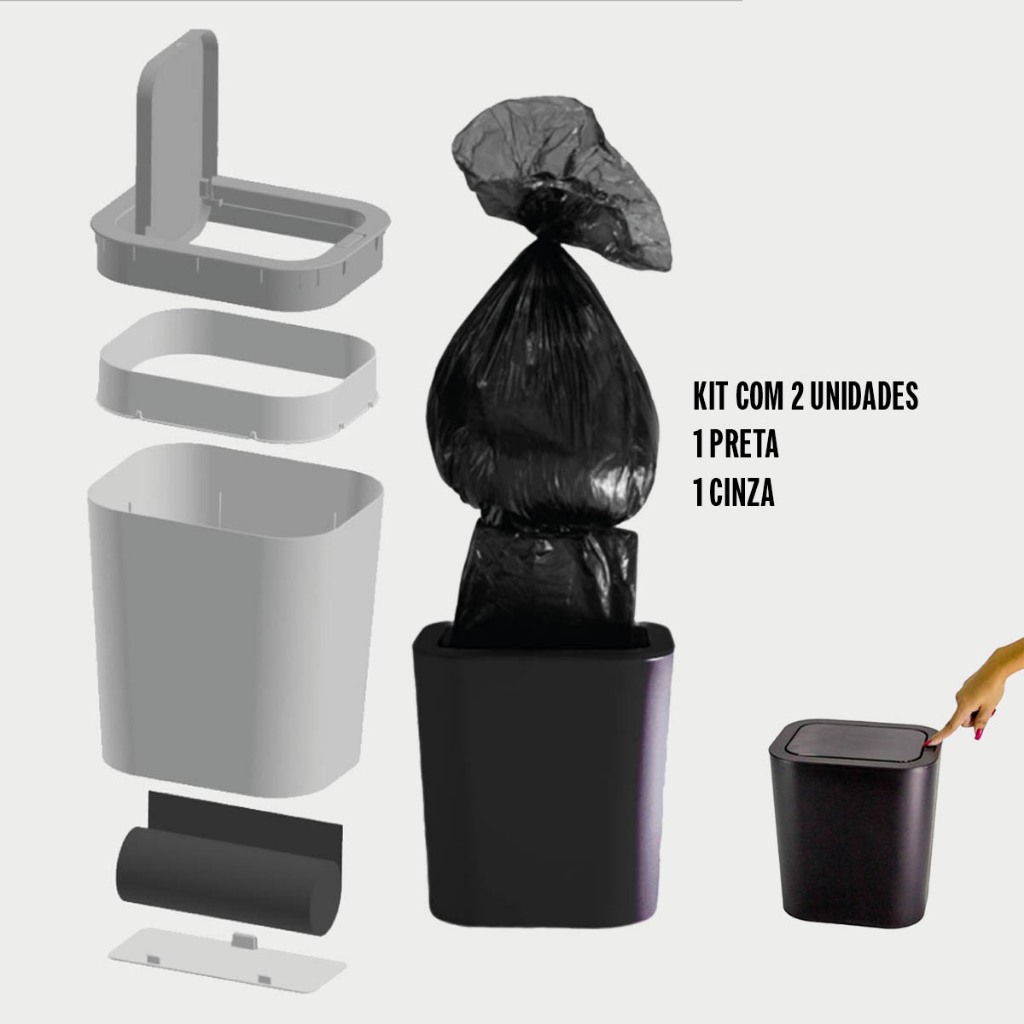 Kit 2 lixeiras 12L Push Com Dispenser Refil Saco Tampa Click Cor Preta e Cinza Para Cozinha Banheiro Escritório