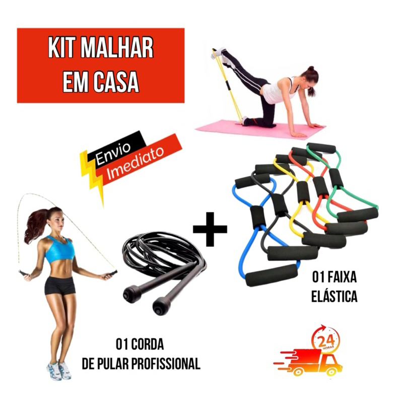 Kit Malhar em Casa 1 Elástico De Tensão + 1 Corda De Pular