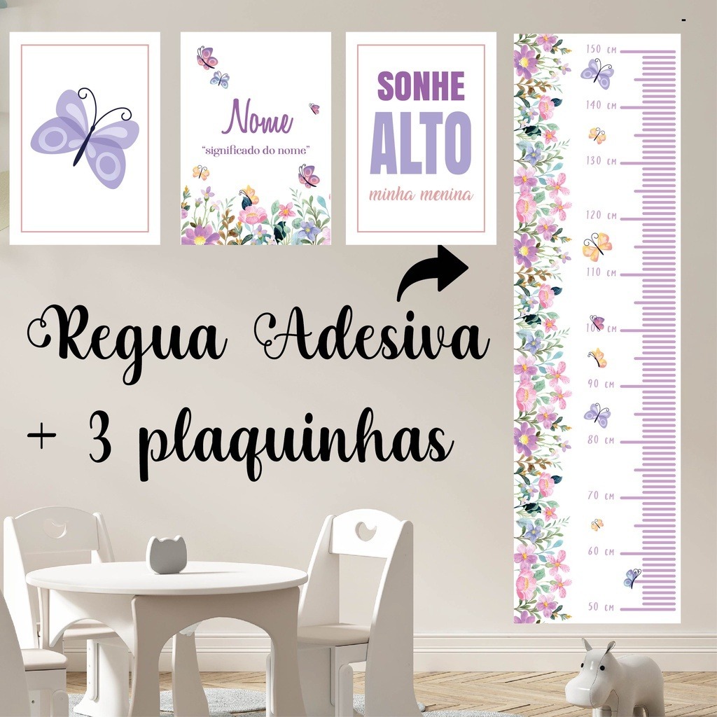 Kit 3 Quadros Borboleta + 1 Régua de Crescimento Borboleta Jardim Encantado