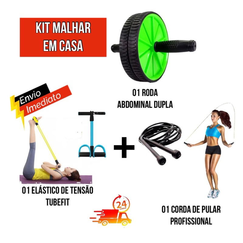 Kit Malhar em Casa 1 Roda Abdominal Dupla e ou 1 Tubefit e ou 1 Corda de Pular Profissional em Oferta na Shopee