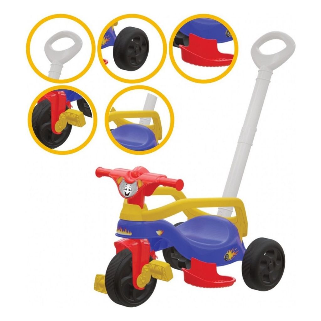 Motoca Vilotrol Triciclo Infantil Kemotoca Pais e Filhos Menino Menina Bebe Empurrador Pedal Proteção Lateral inmtro