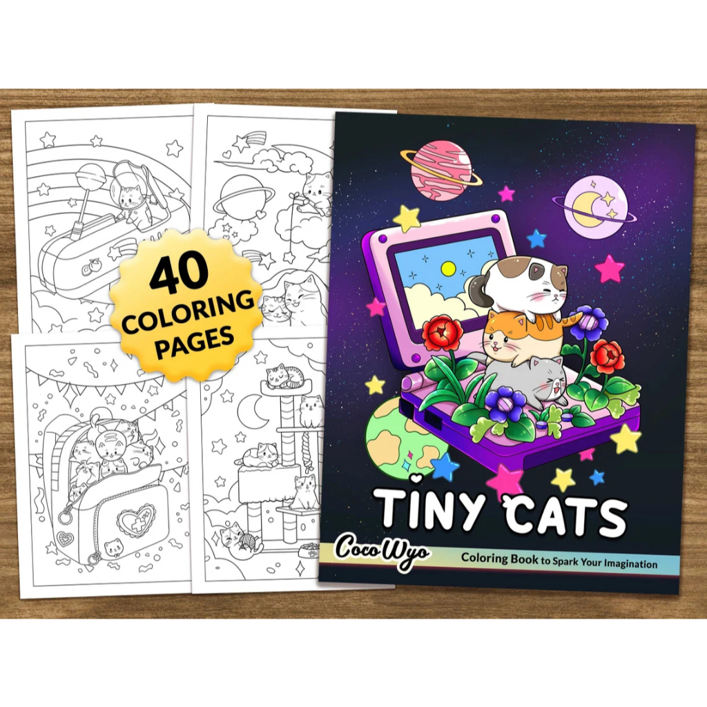 Kit 40 Desenhos Para Pintar E Colorir - Tiny Cats - Folha A4 Inteira! 1 Por Folha!