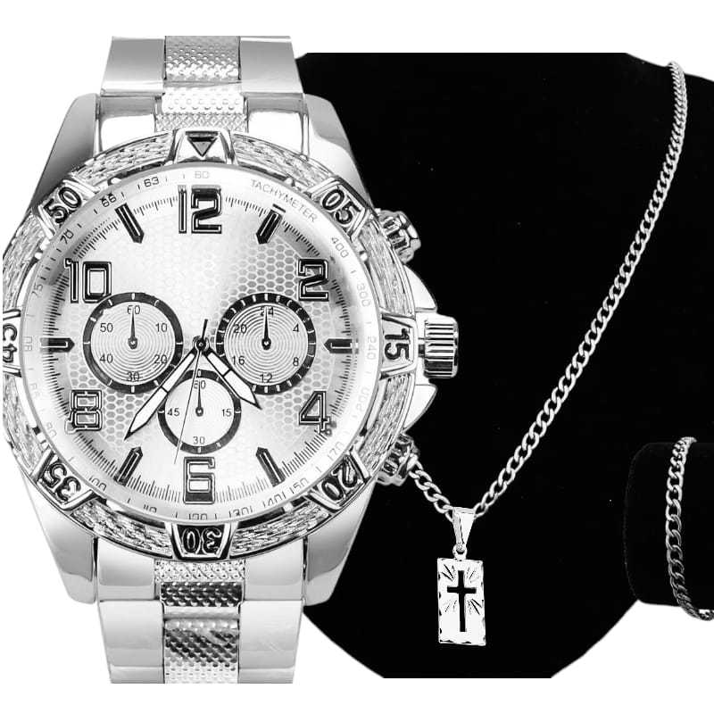 Relógio Corrente Cordão Masculina Banhado Prata 925 Aço inox Fina 3mm GRUMET Pulseira e Pingent Cruz — imagem 2 de 2