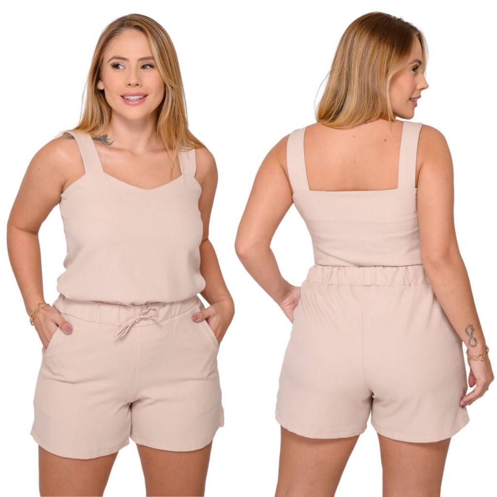 Conjunto Feminino Alfaitaria Shorts Blusa Regata Tecido Crepe Soltinho Cintura Alta Com Elastico Elegante Bege Preto Verde