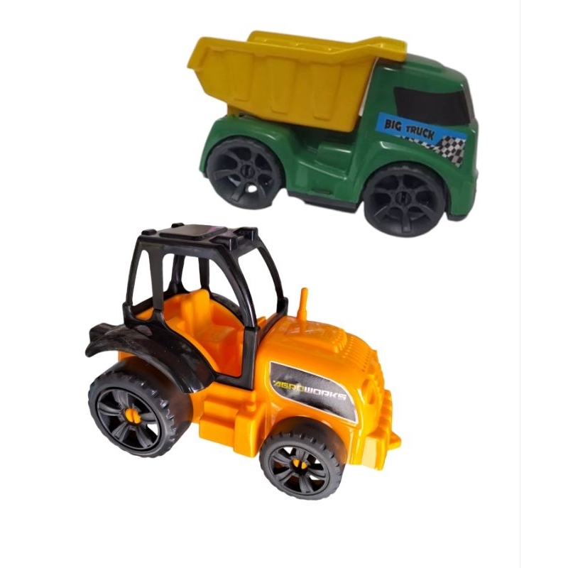Caminhão caçamba basculante e trator de brinquedo fazendinha