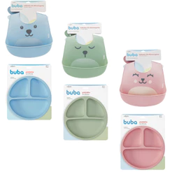 Kit refeição 2 peças Prato/pratinho com divisórias + Babador pega migalhas - silicone - Buba