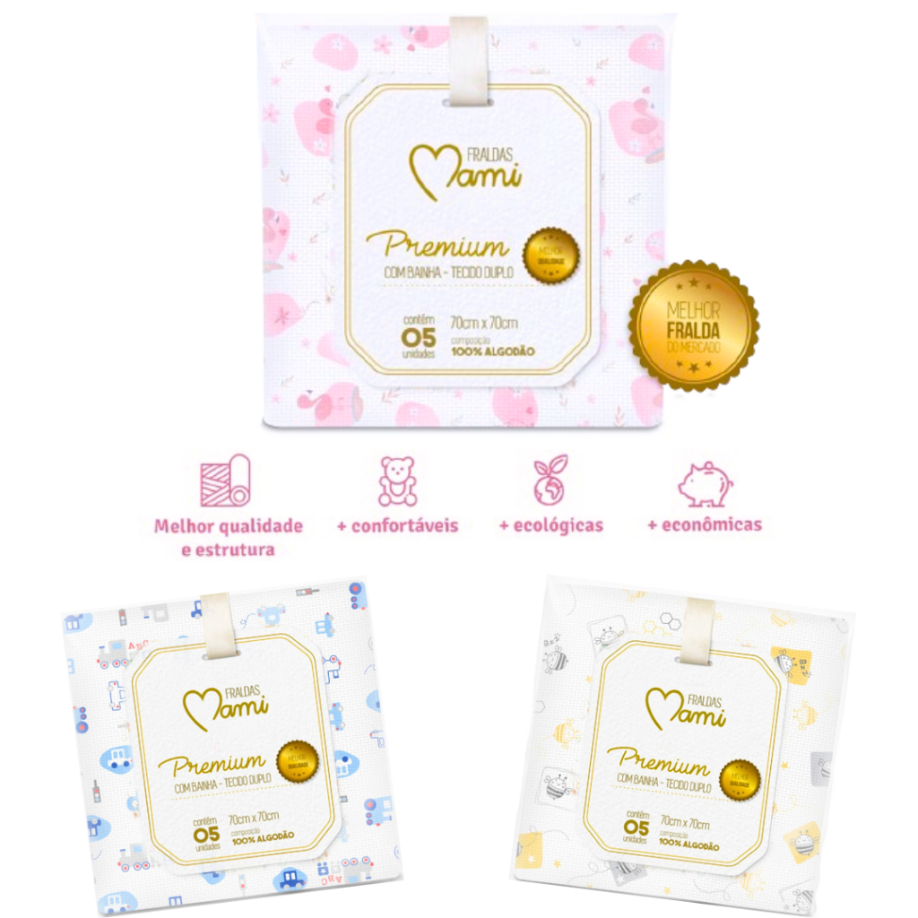 KIT C/5 UNIDADES DE FRALDAS DE PANO MAMI PREMIUM 70x70cm ESTAMPADA C/BAINHA PARA BEBE PAPI em Oferta na Shopee